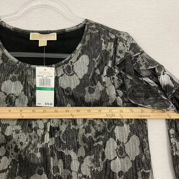 New Michael Michael Kors Gray White Floral Metallic Round Neck Ruffle Top Large - Picture 6 of 9